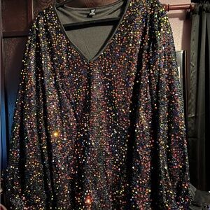 Black Sequin V-Neck Top NWOT size shows 4XL FITS AS 3X
